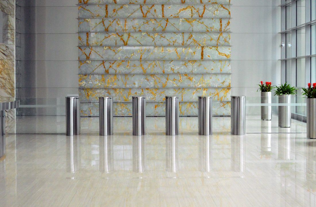 A clean, bright commercial lobby and common area